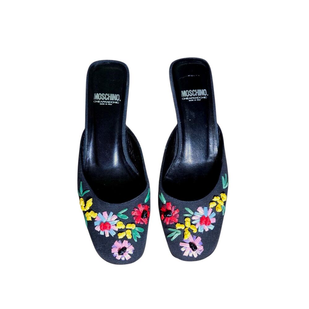 Moschino Vintage Black Floral Straw Embroidered Mule Heels Kitten Heel 39